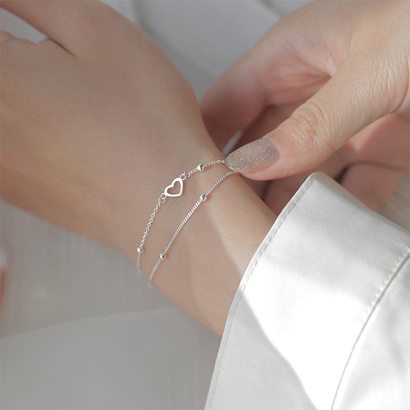 925 Sterling Silver Double Layers Heart Charm Bracelet