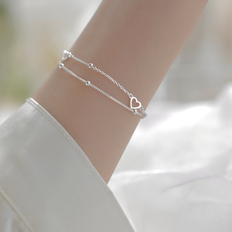 925 Sterling Silver Double Layers Heart Charm Bracelet