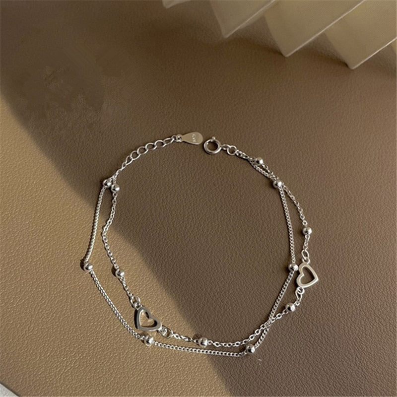 925 Sterling Silver Double Layers Heart Charm Bracelet