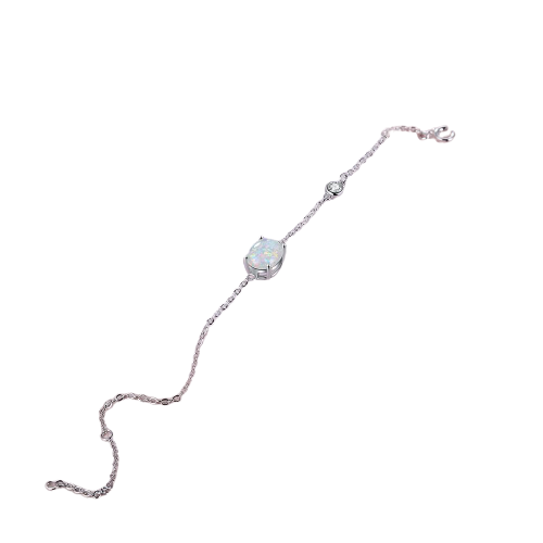 Simple Sterling Silver Oval Opal Chain Link Bracelet
