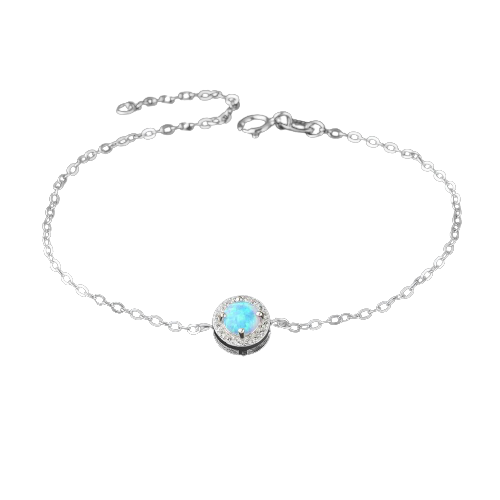 Round Blue Opal Stone Sterling Silver Chain Bracelet