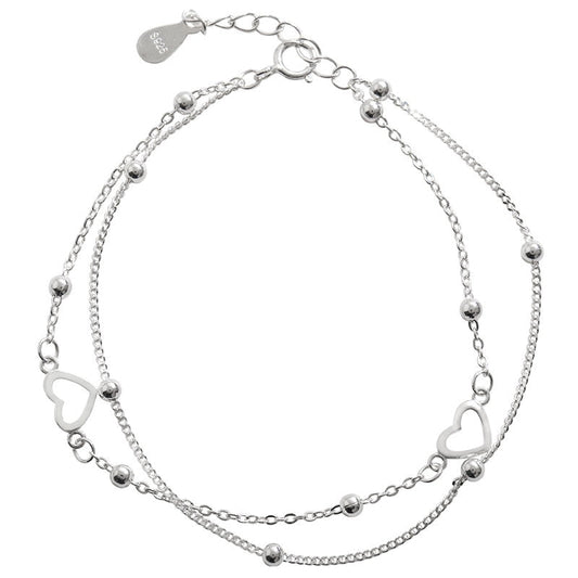 925 Sterling Silver Double Layers Heart Charm Bracelet